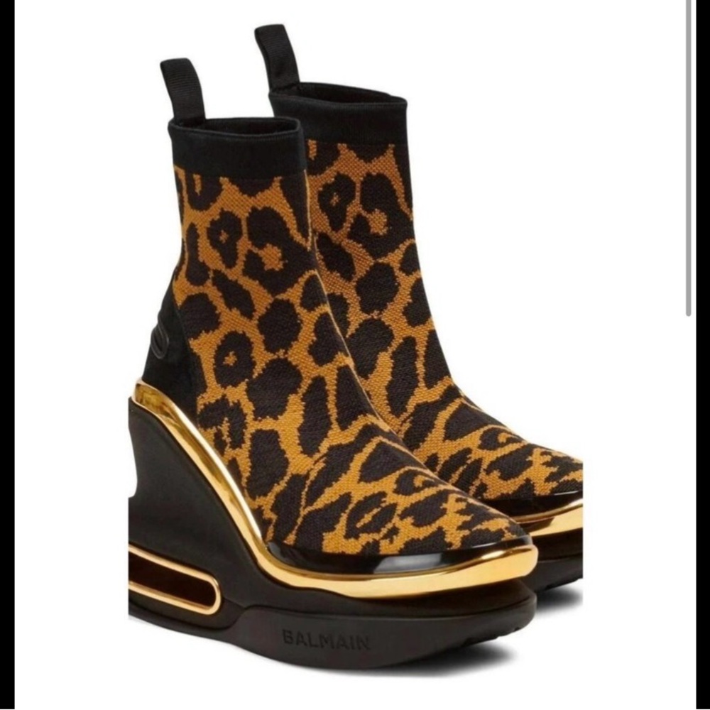 Balmain Women's Wedge Sneakers - Leopard and Gold size 10